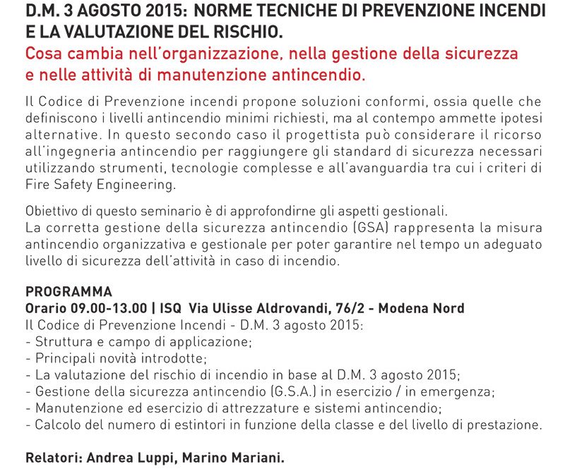 Seminario a Modena il 16 Maggio 2017: il codice di prevenzione incendi